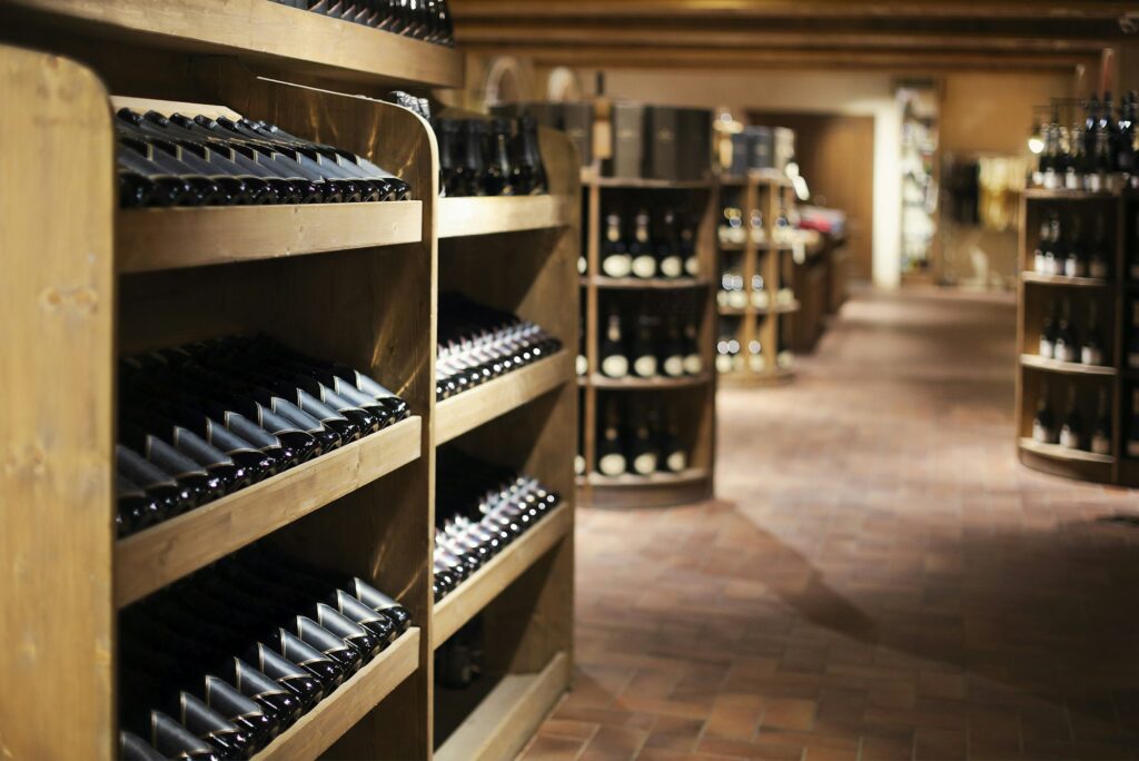 Champagne bottles in wine store